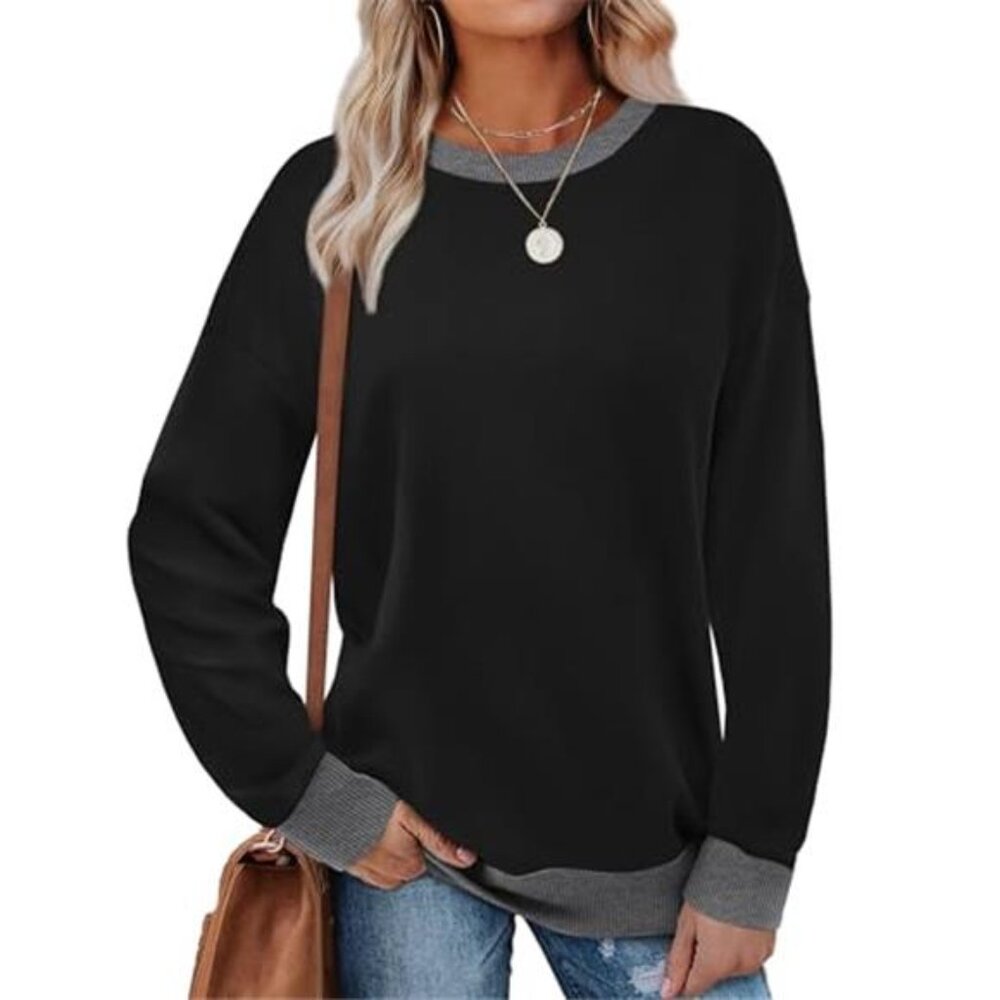 Women Sweatshirt Color Block Crewneck Long Sleeve Loose Fit Tops Casual Fashion